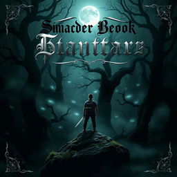 A shadowy and adventurous fantasy book cover featuring a dense, mystical forest shrouded in mist