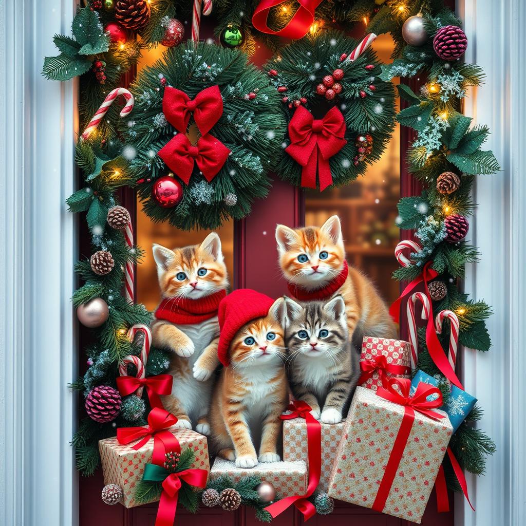 A beautifully decorated Christmas door featuring adorable kittens in festive outfits