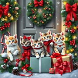 A beautifully decorated Christmas door featuring adorable kittens in festive outfits