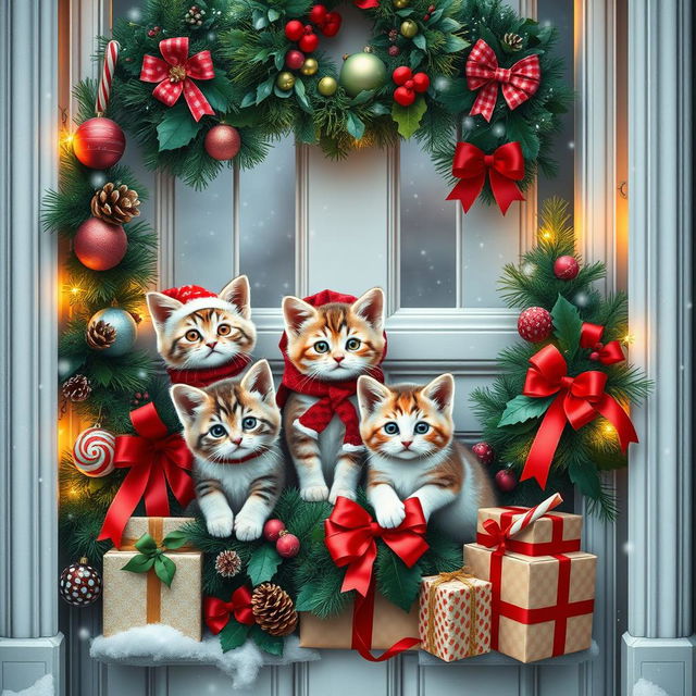 A beautifully decorated Christmas door featuring adorable kittens in festive outfits