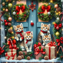 A beautifully decorated Christmas door featuring adorable kittens in festive outfits