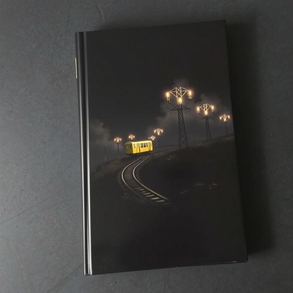 A black book cover featuring a dark, atmospheric scene with a single-track railway running over a hill