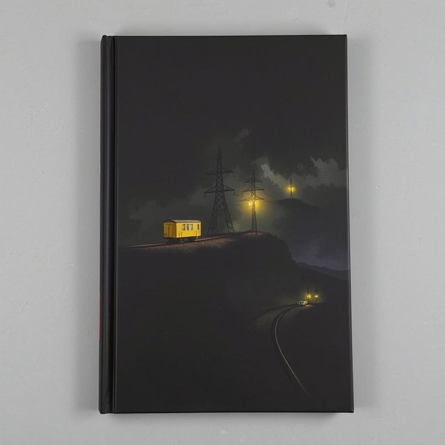 A black book cover featuring a dark, atmospheric scene with a single-track railway running over a hill