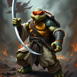 An adult tortle barbarian, poised in a serious battle stance, wielding a katana in one hand with a fierce expression