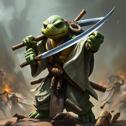An adult tortle barbarian, poised in a serious battle stance, wielding a katana in one hand with a fierce expression