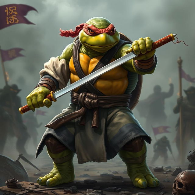 An adult tortle barbarian, poised in a serious battle stance, wielding a katana in one hand with a fierce expression