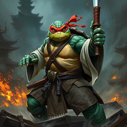 An adult tortle barbarian, poised in a serious battle stance, wielding a katana in one hand with a fierce expression