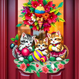 A festive Christmas-themed door decoration featuring adorable kittens dressed in traditional Latin American attire