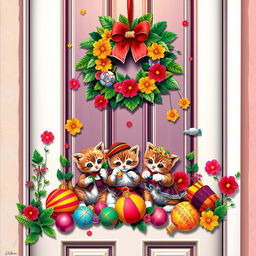 A festive Christmas-themed door decoration featuring adorable kittens dressed in traditional Latin American attire