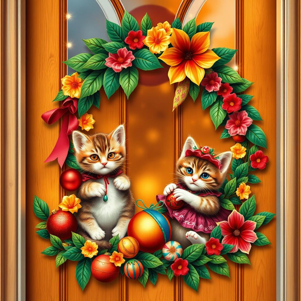 A festive Christmas-themed door decoration featuring adorable kittens dressed in traditional Latin American attire