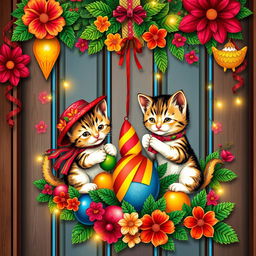 A festive Christmas-themed door decoration featuring adorable kittens dressed in traditional Latin American attire