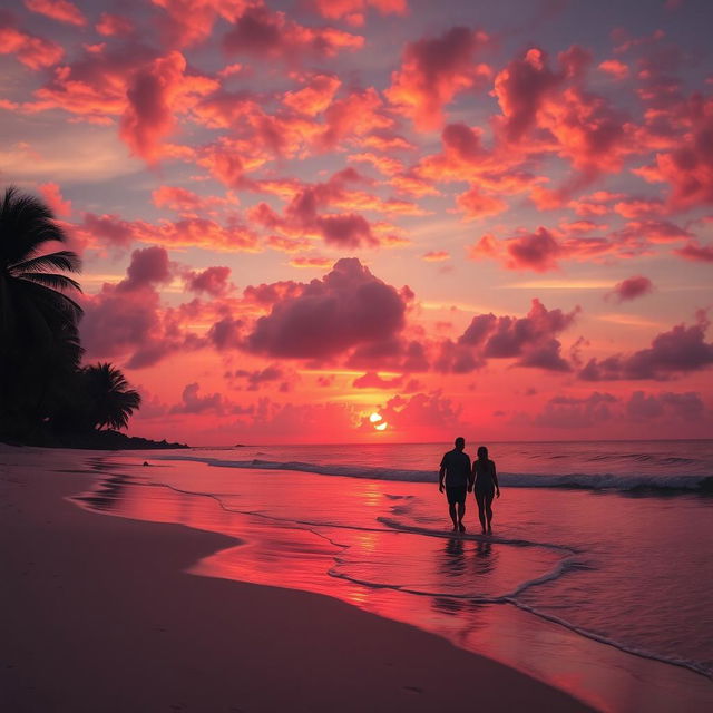 A stunningly beautiful sunset over a tranquil beach, with vivid orange and pink hues lighting up the sky as the sun dips below the horizon