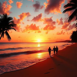 A stunningly beautiful sunset over a tranquil beach, with vivid orange and pink hues lighting up the sky as the sun dips below the horizon