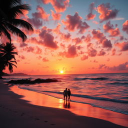 A stunningly beautiful sunset over a tranquil beach, with vivid orange and pink hues lighting up the sky as the sun dips below the horizon