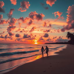 A stunningly beautiful sunset over a tranquil beach, with vivid orange and pink hues lighting up the sky as the sun dips below the horizon