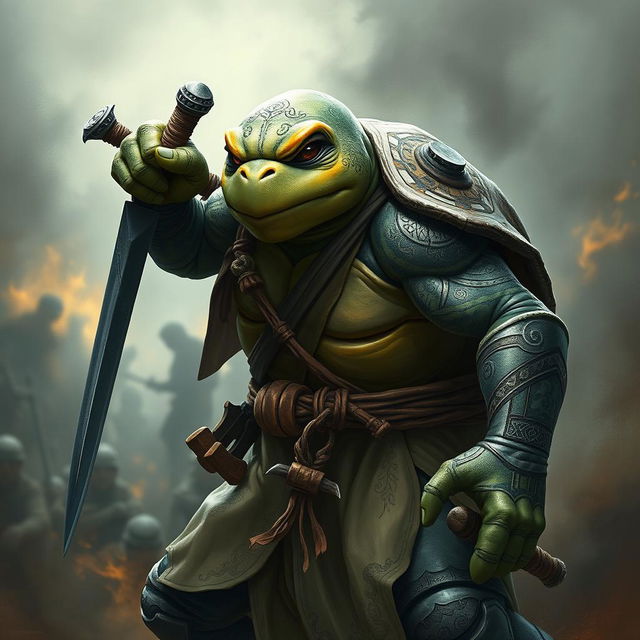 A mature tortle barbarian, depicted in a fierce and serious battle stance, holding a sword in one hand