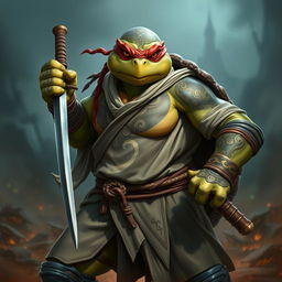 A mature tortle barbarian, depicted in a fierce and serious battle stance, holding a sword in one hand