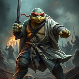 A mature tortle barbarian, depicted in a fierce and serious battle stance, holding a sword in one hand