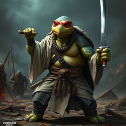 A mature tortle barbarian, depicted in a fierce and serious battle stance, holding a sword in one hand
