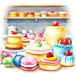 A beautifully arranged dessert display featuring an assortment of colorful pastries, cakes, and sweet treats in a charming bakery setting