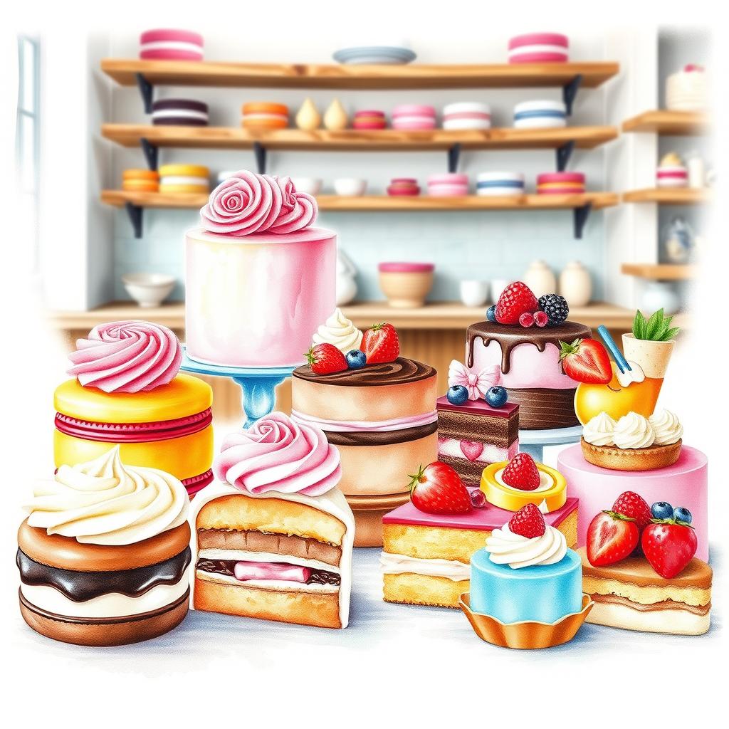 A beautifully arranged dessert display featuring an assortment of colorful pastries, cakes, and sweet treats in a charming bakery setting