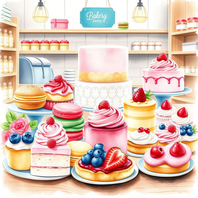 A beautifully arranged dessert display featuring an assortment of colorful pastries, cakes, and sweet treats in a charming bakery setting