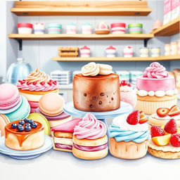 A beautifully arranged dessert display featuring an assortment of colorful pastries, cakes, and sweet treats in a charming bakery setting