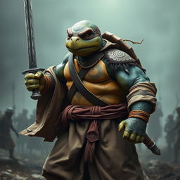 An adult tortle barbarian, portrayed in a serious battle stance, gripping a sword in one hand