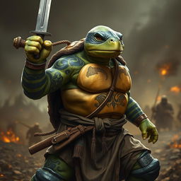 An adult tortle barbarian, portrayed in a serious battle stance, gripping a sword in one hand