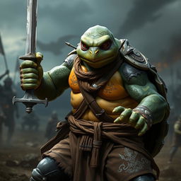An adult tortle barbarian, portrayed in a serious battle stance, gripping a sword in one hand