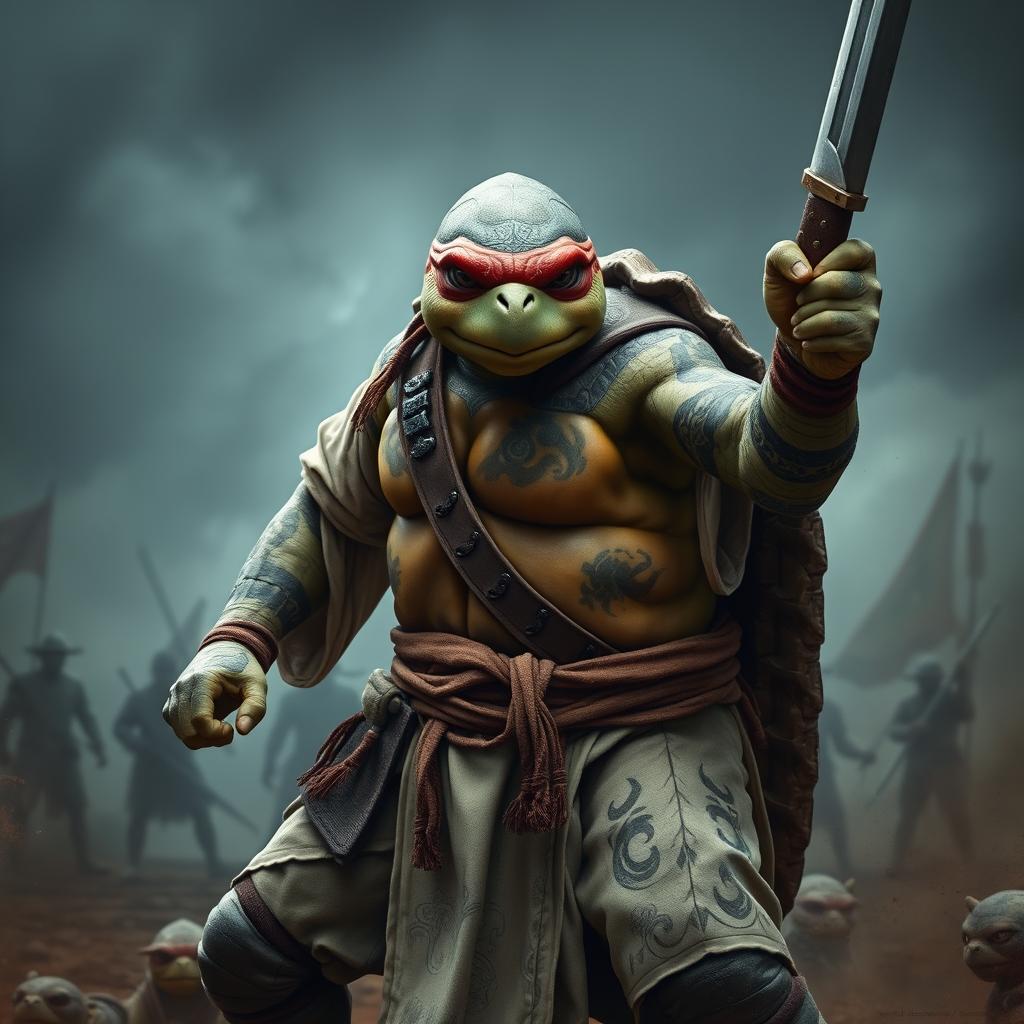 An adult tortle barbarian, portrayed in a serious battle stance, gripping a sword in one hand