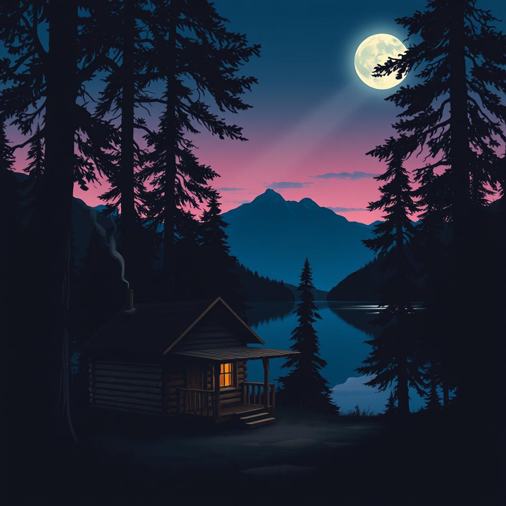 A serene and atmospheric scene depicting a cozy cabin nestled in the woods near a tranquil lake