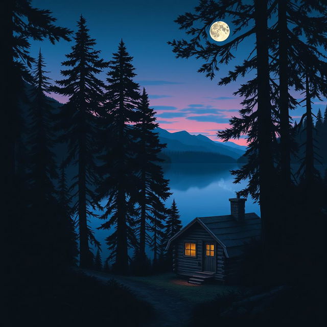 A serene and atmospheric scene depicting a cozy cabin nestled in the woods near a tranquil lake