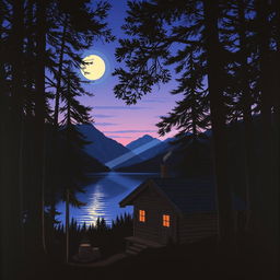 A serene and atmospheric scene depicting a cozy cabin nestled in the woods near a tranquil lake