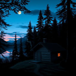 A serene and atmospheric scene depicting a cozy cabin nestled in the woods near a tranquil lake
