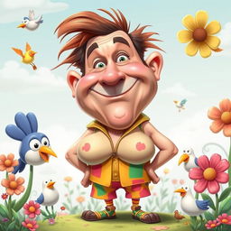 A humorous and exaggerated caricature of a fictional character named George Droyd, depicted with comically oversized breasts, wearing a playful outfit with bright colors