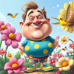 A humorous and exaggerated caricature of a fictional character named George Droyd, depicted with comically oversized breasts, wearing a playful outfit with bright colors