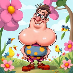 A humorous and exaggerated caricature of a fictional character named George Droyd, depicted with comically oversized breasts, wearing a playful outfit with bright colors