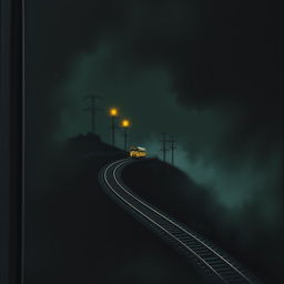 A black book cover featuring a dark, atmospheric scene with a single-track railway meandering over a hill