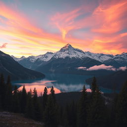 A majestic mountain landscape at sunset, with snow-capped peaks glowing in hues of pink and orange