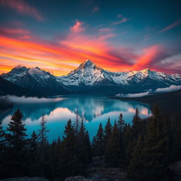 A majestic mountain landscape at sunset, with snow-capped peaks glowing in hues of pink and orange