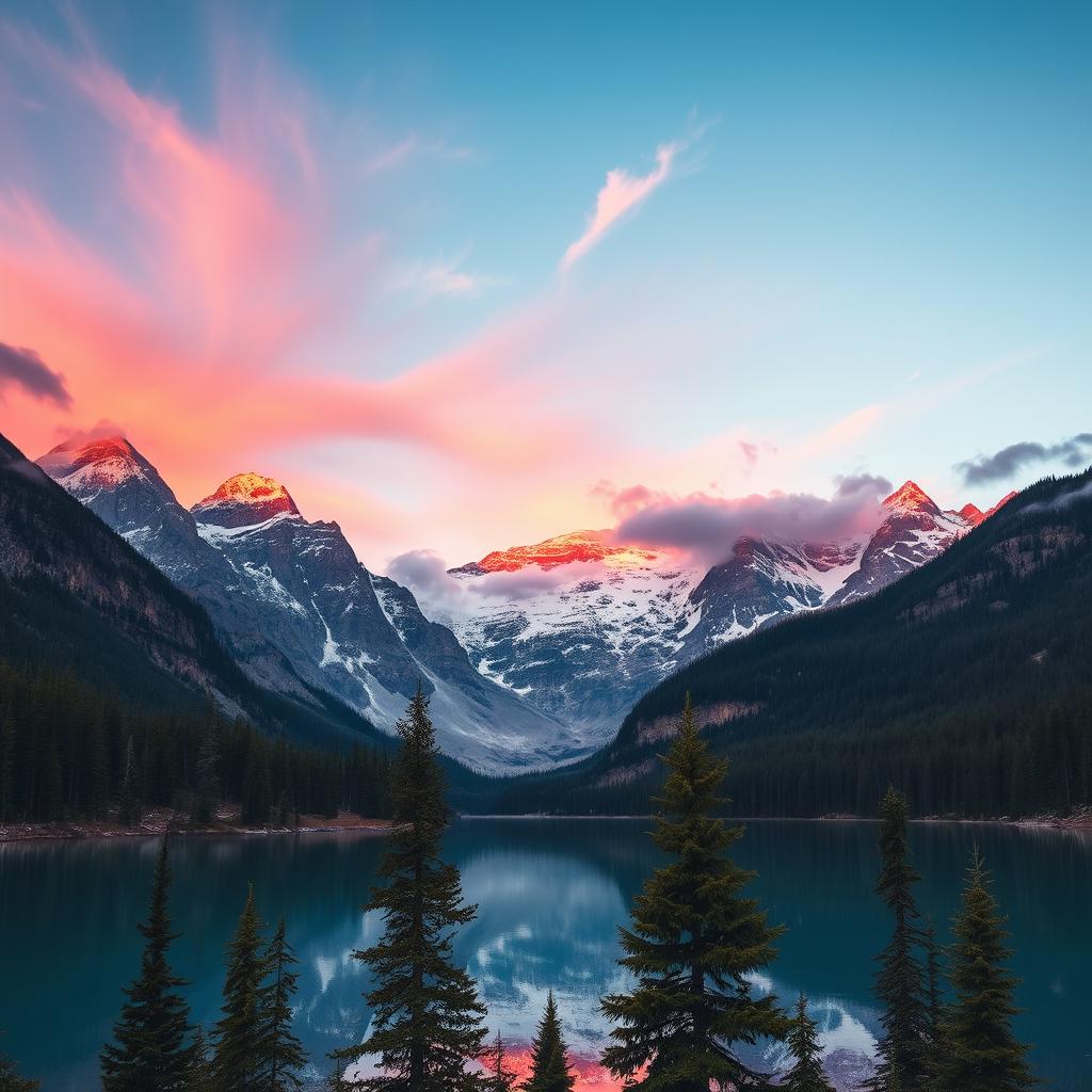 A majestic mountain landscape at sunset, with snow-capped peaks glowing in hues of pink and orange