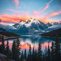 A majestic mountain landscape at sunset, with snow-capped peaks glowing in hues of pink and orange
