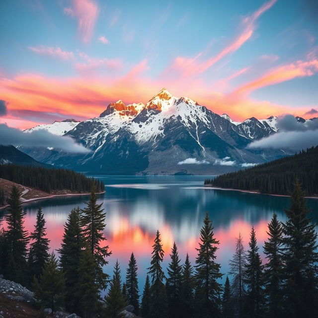 A majestic mountain landscape at sunset, with snow-capped peaks glowing in hues of pink and orange