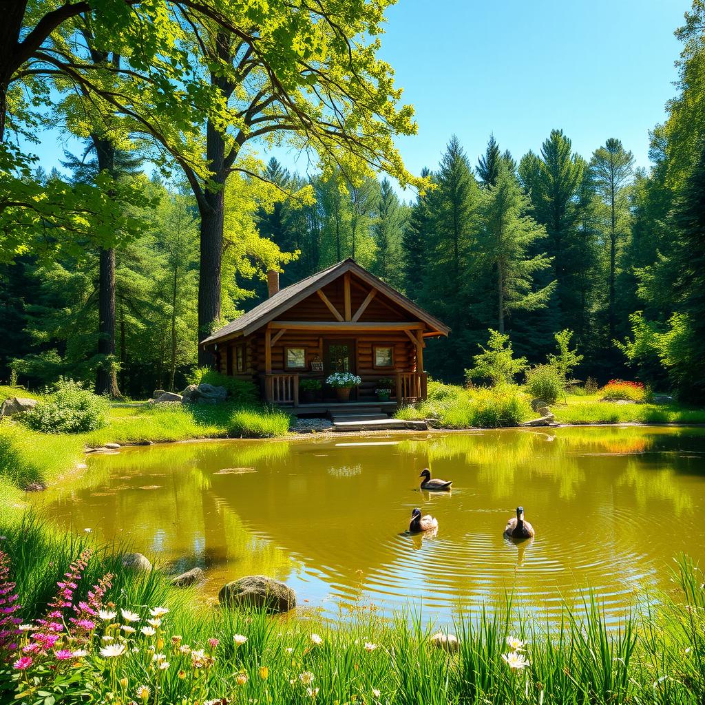 A picturesque scene featuring a charming cabin nestled in a lush green clearing within a dense forest