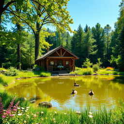 A picturesque scene featuring a charming cabin nestled in a lush green clearing within a dense forest