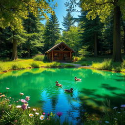 A picturesque scene featuring a charming cabin nestled in a lush green clearing within a dense forest