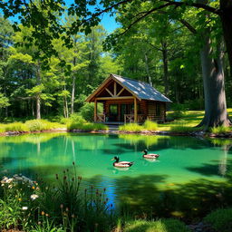 A picturesque scene featuring a charming cabin nestled in a lush green clearing within a dense forest