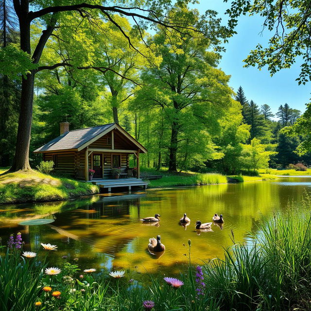 A picturesque scene featuring a charming cabin nestled in a lush green clearing within a dense forest