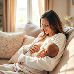 A serene and intimate scene depicting a mother lovingly breastfeeding her infant